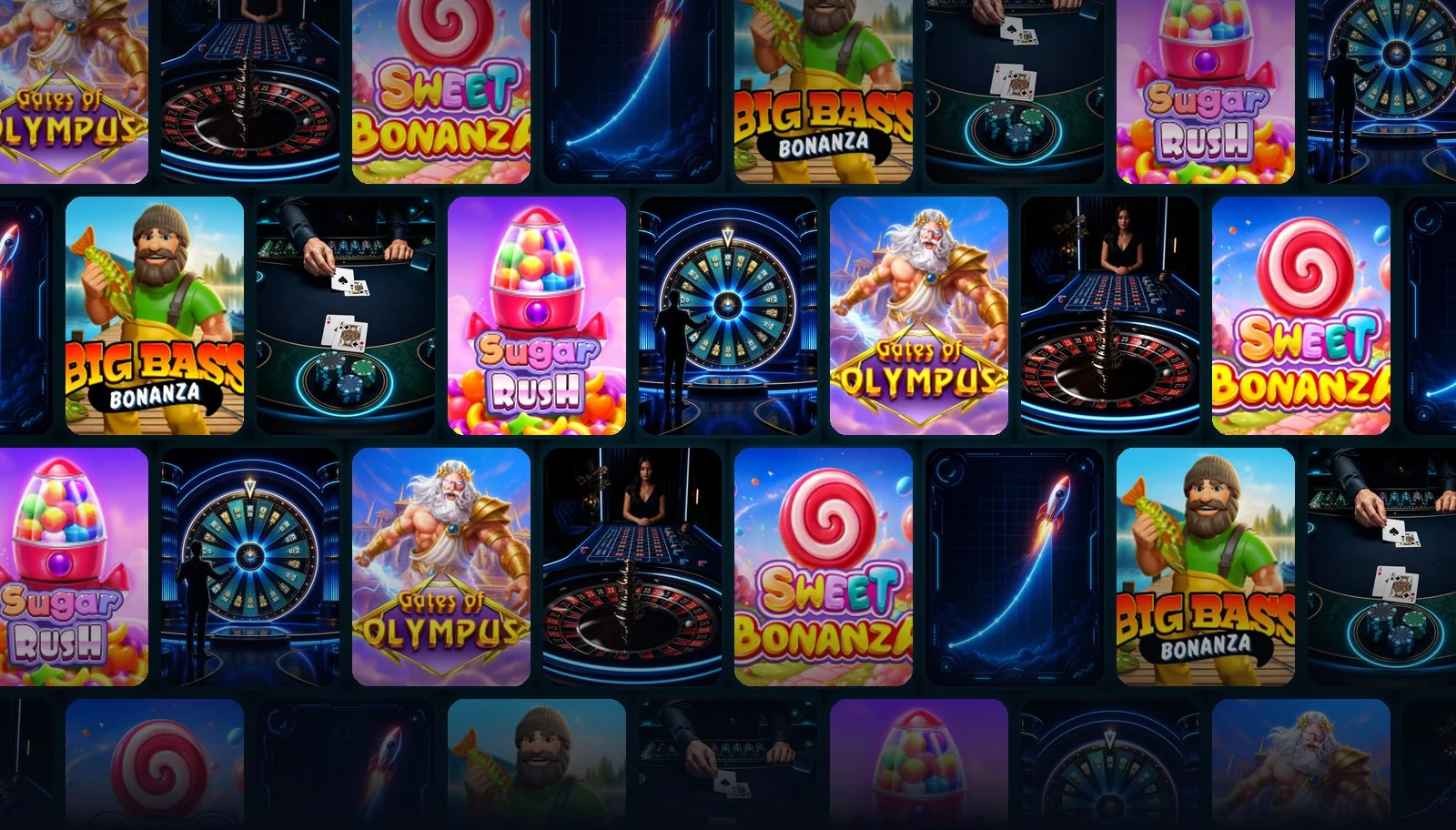 Wall of online casino games: video slots, live dealer roulette and blackjack tables, card games and crash titles